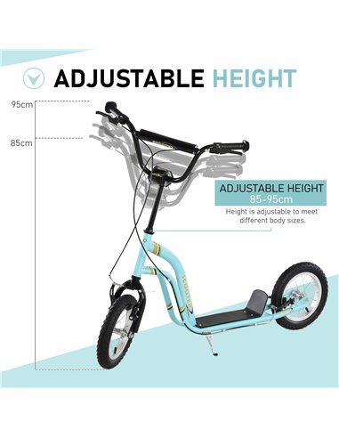 HOMCOM Teen Kids Stunt Scooter w/ Adjustable Handlebar, 12 Inch Rubber Tyres, Dual Brakes, Blue 371-017BU