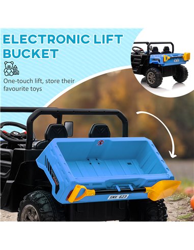 HOMCOM 12V Two-Seater Kids Electric Ride-On Car, with Electric Bucket, Remote Control - Blue 370-239V70BU