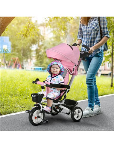 HOMCOM Metal Frame 4 in 1 Baby Push Tricycle with Parent Handle for 1-5 Years Old, Pink 370-061V00PK