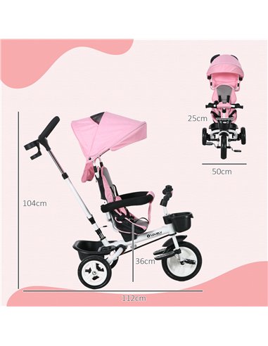 HOMCOM Metal Frame 4 in 1 Baby Push Tricycle with Parent Handle for 1-5 Years Old, Pink 370-061V00PK