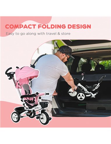 HOMCOM Metal Frame 4 in 1 Baby Push Tricycle with Parent Handle for 1-5 Years Old, Pink 370-061V00PK