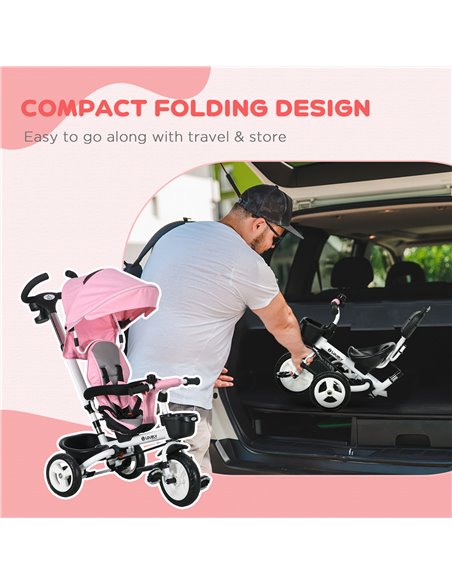 HOMCOM Metal Frame 4 in 1 Baby Push Tricycle with Parent Handle for 1-5 Years Old, Pink 370-061V00PK - pic 90312 | FastDaddyshop