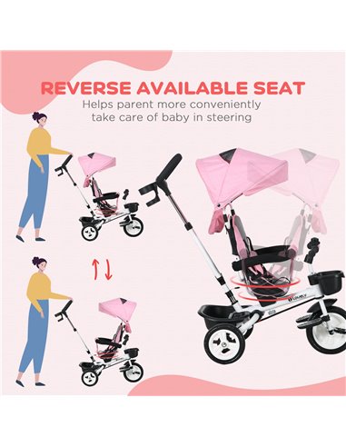 HOMCOM Metal Frame 4 in 1 Baby Push Tricycle with Parent Handle for 1-5 Years Old, Pink 370-061V00PK