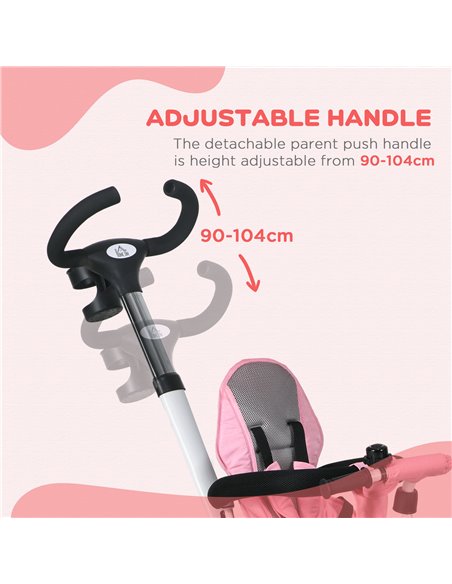 HOMCOM Metal Frame 4 in 1 Baby Push Tricycle with Parent Handle for 1-5 Years Old, Pink 370-061V00PK - pic 90314 | FastDaddyshop