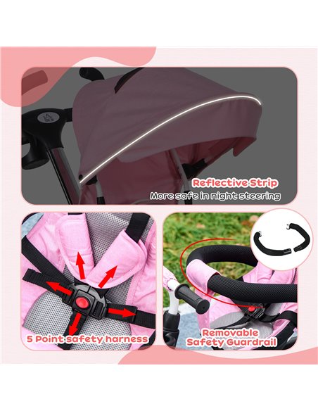 HOMCOM Metal Frame 4 in 1 Baby Push Tricycle with Parent Handle for 1-5 Years Old, Pink 370-061V00PK - pic 90315 | FastDaddyshop