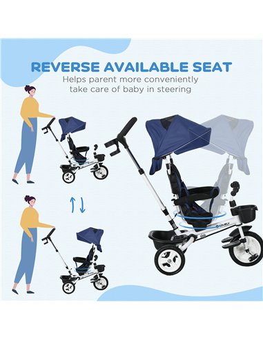 HOMCOM Metal Frame 4 in 1 Baby Push Tricycle with Parent Handle for 1-5 Years Old, Dark Blue 370-061V00DB