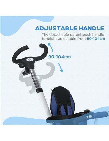 HOMCOM Metal Frame 4 in 1 Baby Push Tricycle with Parent Handle for 1-5 Years Old, Dark Blue 370-061V00DB