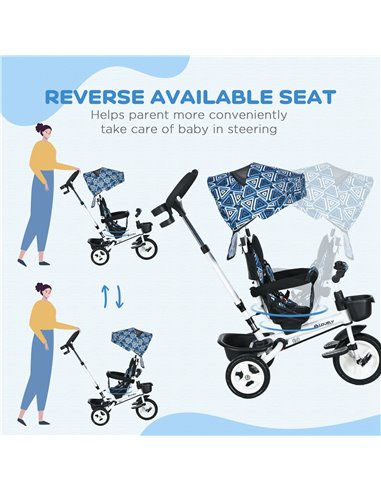 HOMCOM Metal Frame 4 in 1 Baby Push Tricycle with Parent Handle for 1-5 Years Old, Light Blue 370-061V00LB