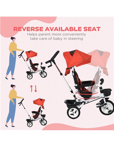 HOMCOM Metal Frame 4 in 1 Baby Push Tricycle with Parent Handle for 1-5 Years Old, Red 370-061V00RD