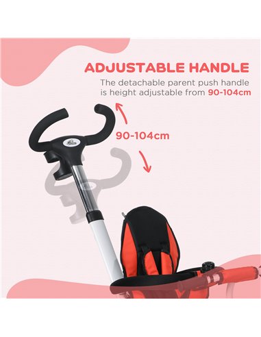 HOMCOM Metal Frame 4 in 1 Baby Push Tricycle with Parent Handle for 1-5 Years Old, Red 370-061V00RD
