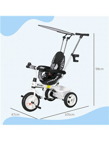 HOMCOM 4 in 1 Tricycle for Kids with 5-point harness straps, Removable Canopy, White 370-025V01WT