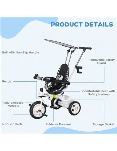 HOMCOM 4 in 1 Tricycle for Kids with 5-point harness straps, Removable Canopy, White 370-025V01WT