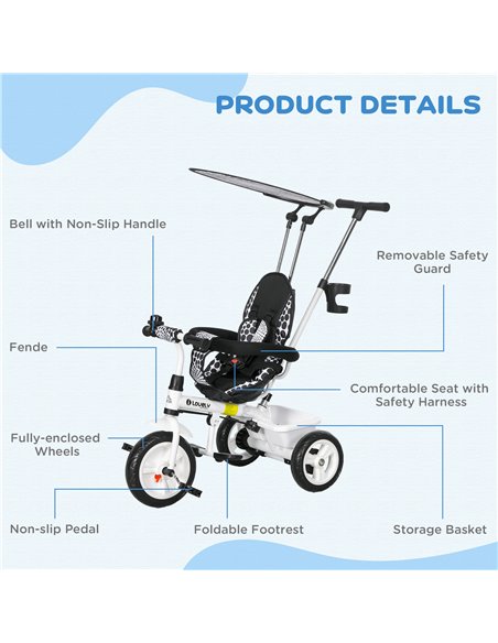 HOMCOM 4 in 1 Tricycle for Kids with 5-point harness straps, Removable Canopy, White 370-025V01WT - pic 90350 | FastDaddyshop