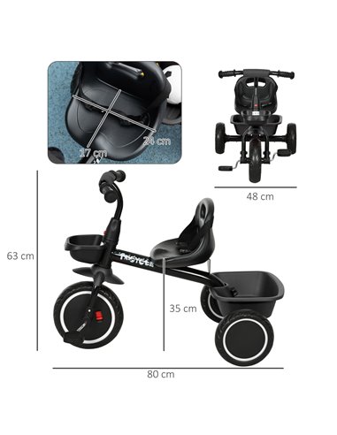 AIYAPLAY Kids Trike for 2-5 Years with Adjustable Seat, Pedal, Baskets, Black 370-269V00BK