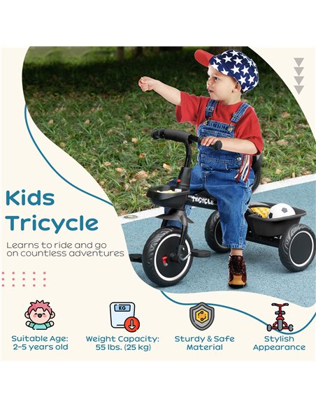 AIYAPLAY Kids Trike for 2-5 Years with Adjustable Seat, Pedal, Baskets, Black 370-269V00BK - pic 90383 | FastDaddyshop