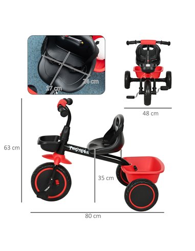 AIYAPLAY Kids Trike for 2-5 Years with Adjustable Seat, Pedal, Baskets, Red 370-269V00RD