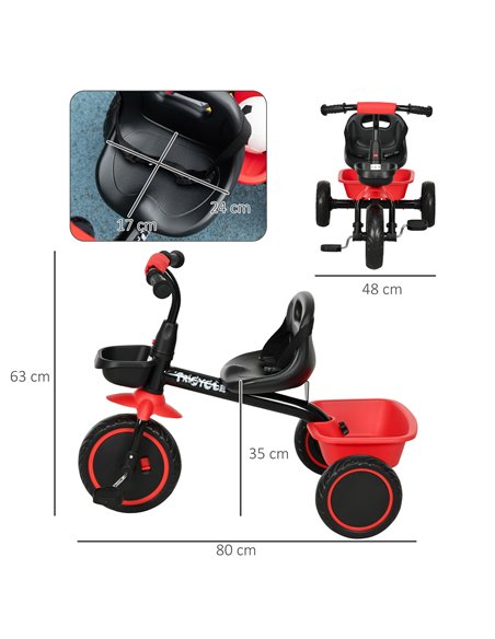 AIYAPLAY Kids Trike for 2-5 Years with Adjustable Seat, Pedal, Baskets, Red 370-269V00RD - pic 90391 | FastDaddyshop
