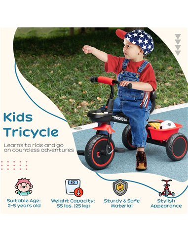 AIYAPLAY Kids Trike for 2-5 Years with Adjustable Seat, Pedal, Baskets, Red 370-269V00RD