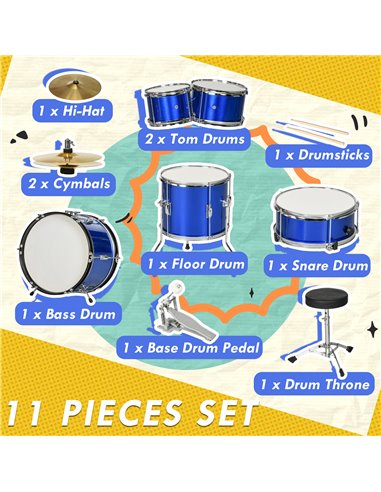 AIYAPLAY 11 Piece Kids Drum Kit w/ Stool, Drumsticks, Pedal, Cymbals, for 3-6 Years, Blue 390-026V00BU