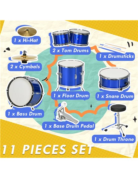 AIYAPLAY 11 Piece Kids Drum Kit w/ Stool, Drumsticks, Pedal, Cymbals, for 3-6 Years, Blue 390-026V00BU - pic 90411 | FastDaddyshop