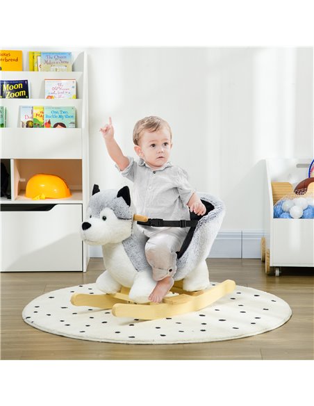 HOMCOM Baby Rocking Horse, Husky-shaped Plush Wooden Child Rocking Animal w/ Seat Belt, Ride on Toy for Kids 18-36 Months, Grey  - pic 90435 | FastDaddyshop