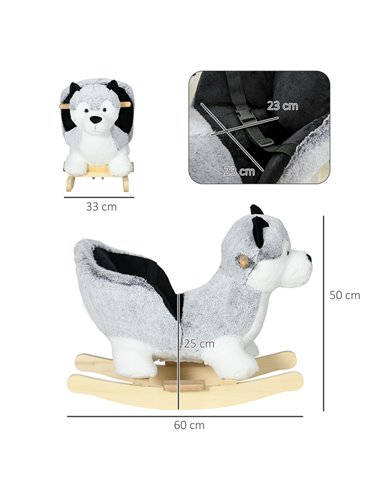 HOMCOM Baby Rocking Horse, Husky-shaped Plush Wooden Child Rocking Animal w/ Seat Belt, Ride on Toy for Kids 18-36 Months, Grey 