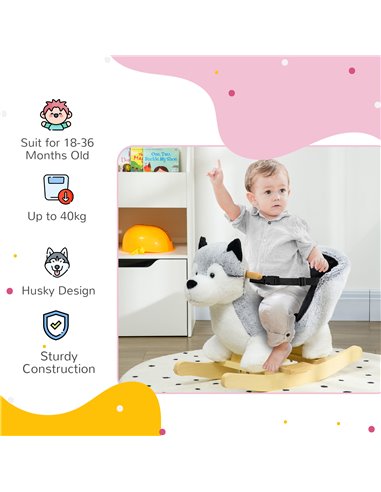 HOMCOM Baby Rocking Horse, Husky-shaped Plush Wooden Child Rocking Animal w/ Seat Belt, Ride on Toy for Kids 18-36 Months, Grey 