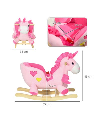HOMCOM Kids Rocking Horse Ride on Unicorn with Songs, Wooden Base, Seat Belt, for 18-36 Months 330-161V00PK