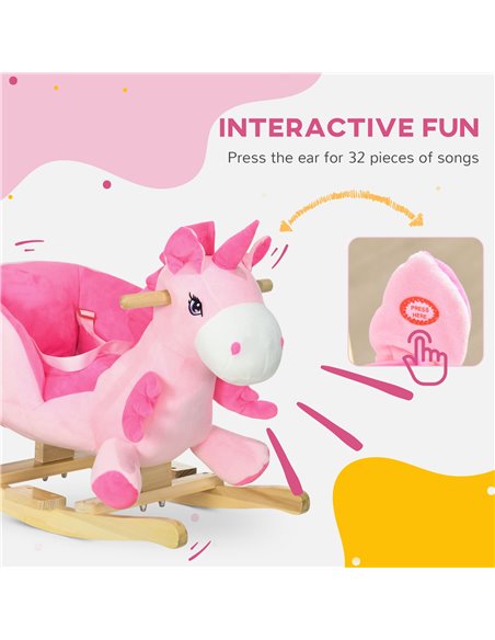 HOMCOM Kids Rocking Horse Ride on Unicorn with Songs, Wooden Base, Seat Belt, for 18-36 Months 330-161V00PK - pic 90455 | FastDaddyshop