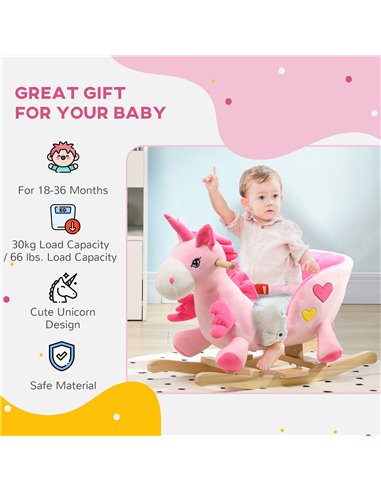 HOMCOM Kids Rocking Horse Ride on Unicorn with Songs, Wooden Base, Seat Belt, for 18-36 Months 330-161V00PK