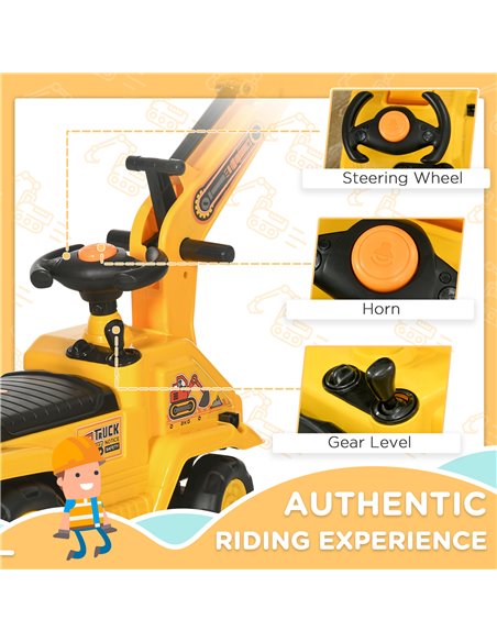 HOMCOM 2 in 1 Kids Ride On Tractor Pull Cart with Bucket, Under Seat Storage, Horn, High Backrest, for 1.5-4 Years Old, Yellow 3 - pic 90476 | FastDaddyshop