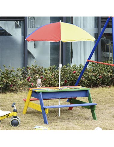 Outsunny Kids Picnic Table Set Wooden Bench Rainbow with Sandbox Removable & Height Adjustable Parasol Outdoor Garden Patio Back