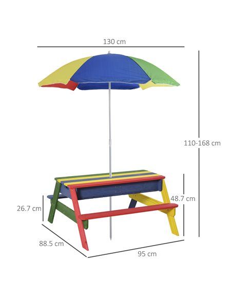 Outsunny Kids Picnic Table Set Wooden Bench Rainbow with Sandbox Removable & Height Adjustable Parasol Outdoor Garden Patio Back - pic 9050 | FastDaddyshop