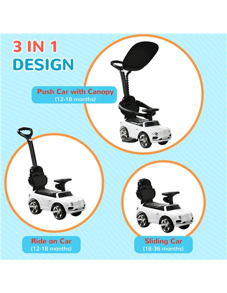 AIYAPLAY Bentley Bentayga Licensed 3-in-1 Baby Push Car,  Ride on Car Sliding Car with Canopy, Horn Music - White 370-317V00WT - pic 90500 | FastDaddyshop