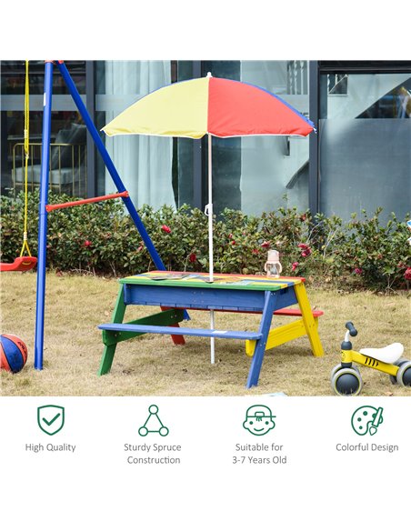 Outsunny Kids Picnic Table Set Wooden Bench Rainbow with Sandbox Removable & Height Adjustable Parasol Outdoor Garden Patio Back - pic 9051 | FastDaddyshop