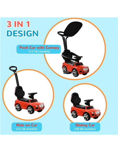 AIYAPLAY Bentley Bentayga Licensed 3-in-1 Baby Push Car,  Ride on Car Sliding Car with Canopy, Horn Music - Red 370-317V00RD - pic 90527 | FastDaddyshop