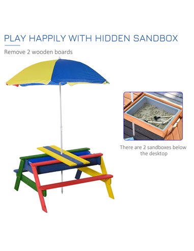 Outsunny Kids Picnic Table Set Wooden Bench Rainbow with Sandbox Removable & Height Adjustable Parasol Outdoor Garden Patio Back