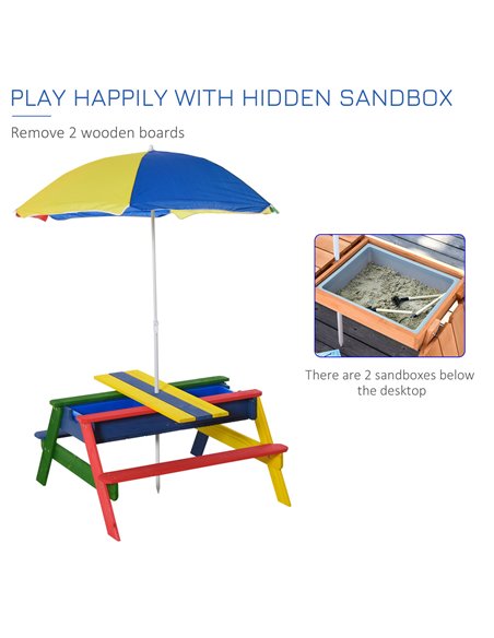 Outsunny Kids Picnic Table Set Wooden Bench Rainbow with Sandbox Removable & Height Adjustable Parasol Outdoor Garden Patio Back - pic 9053 | FastDaddyshop