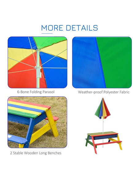 Outsunny Kids Picnic Table Set Wooden Bench Rainbow with Sandbox Removable & Height Adjustable Parasol Outdoor Garden Patio Back - pic 9054 | FastDaddyshop