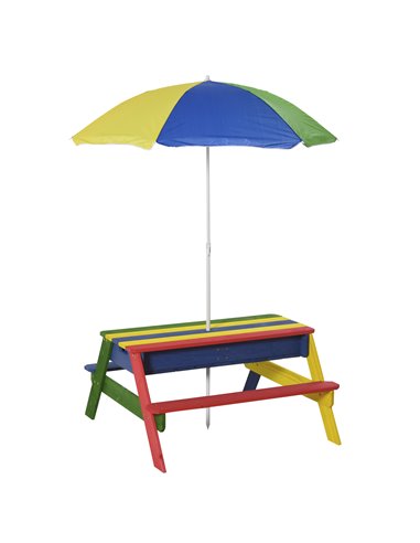 Outsunny Kids Picnic Table Set Wooden Bench Rainbow with Sandbox Removable & Height Adjustable Parasol Outdoor Garden Patio Back