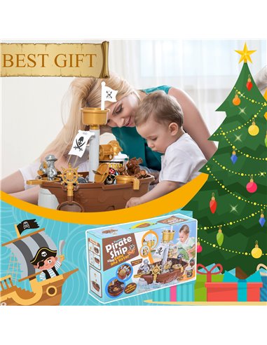 HOMCOM Pirate Ship Theme Sand and Water Table Beach Toy Set 2 in 1 Outdoor Activities Playset for Kids with Accessories Garden S