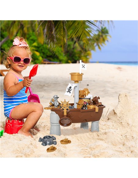 HOMCOM Pirate Ship Theme Sand and Water Table Beach Toy Set 2 in 1 Outdoor Activities Playset for Kids with Accessories Garden S - pic 9064 | FastDaddyshop