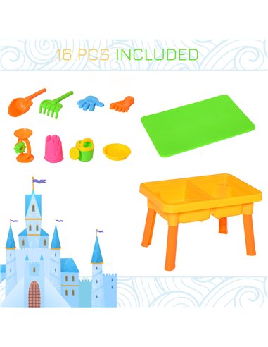 HOMCOM Sand and Water Table Beach Toy Set 2 in 1 Outdoor Activities Playset for Kids with Lid and Accessories Double Compartment