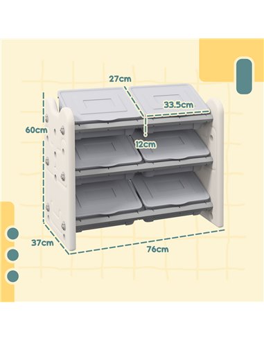 AIYAPLAY 3 Tier Kids Toy Storage Units with 6 Storage Boxes, 76 x 37 x 60cm, Grey 311-076V00GY