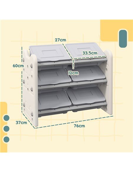 AIYAPLAY 3 Tier Kids Toy Storage Units with 6 Storage Boxes, 76 x 37 x 60cm, Grey 311-076V00GY - pic 90715 | FastDaddyshop