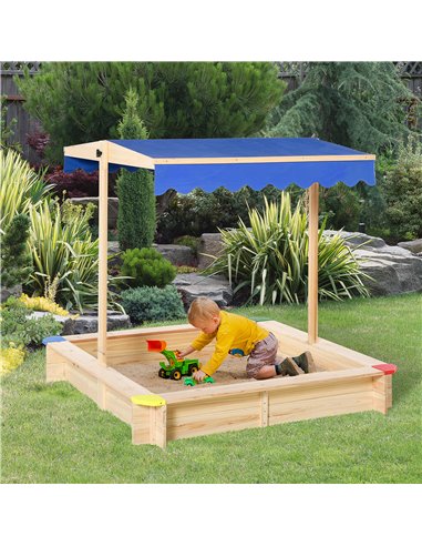 Outsunny Kids Wooden Sandpit Children Cabana Square Sandbox Outdoor Backyard Playset Play Station Adjustable Canopy Bench Seat 1