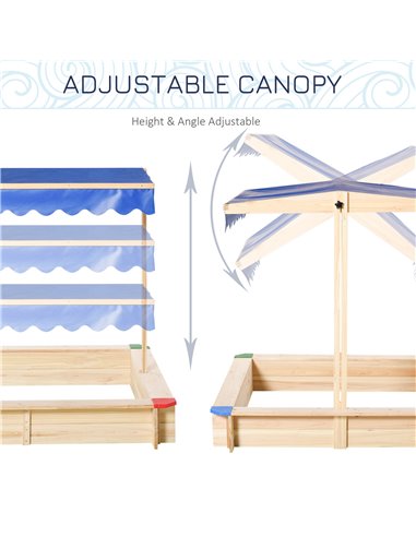 Outsunny Kids Wooden Sandpit Children Cabana Square Sandbox Outdoor Backyard Playset Play Station Adjustable Canopy Bench Seat 1
