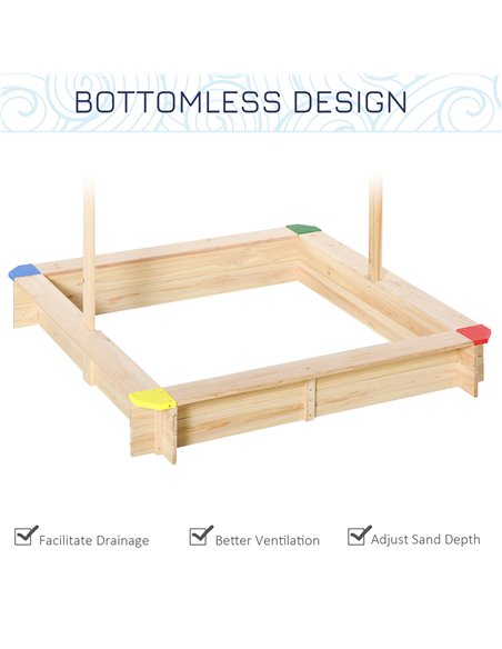 Outsunny Kids Wooden Sandpit Children Cabana Square Sandbox Outdoor Backyard Playset Play Station Adjustable Canopy Bench Seat 1 - pic 9077 | FastDaddyshop