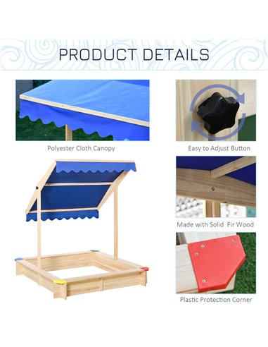 Outsunny Kids Wooden Sandpit Children Cabana Square Sandbox Outdoor Backyard Playset Play Station Adjustable Canopy Bench Seat 1