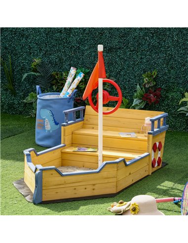 Outsunny Kids Wooden Sandpit Children Sandbox Pirate Ship Sandboat Outdoor Backyard Playset Play Station w/ Bench Bottom Liner